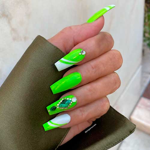 Long Coffin Summer Green Lime Nails 2022 Design with Rhinestones