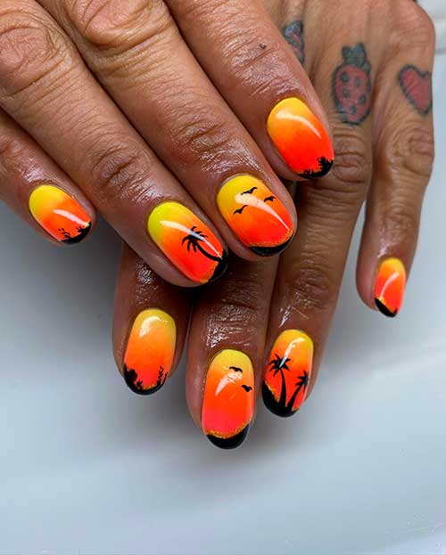 Short Summer Yellow Orange Ombre Nails 2022 with Black Palms and Birds
