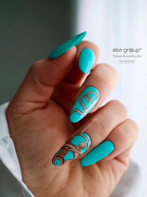 Long Almond Shaped Turquoise Nautical Nail Art Design for Summer Hoilday