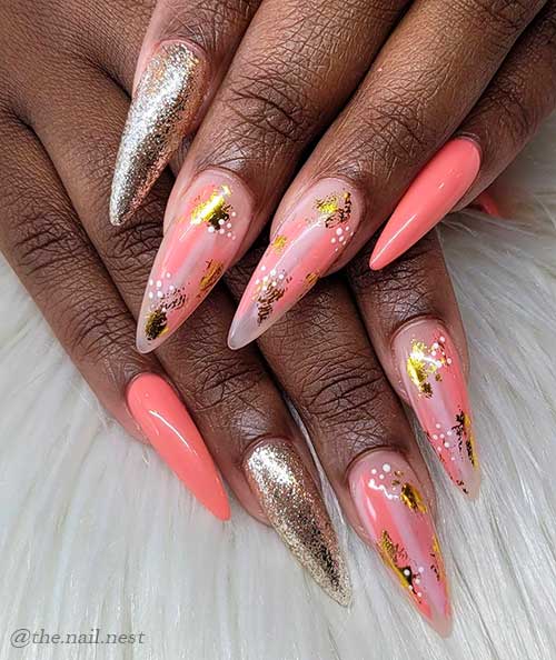 Classy Peach nails 2021 with gold touches, white dots and accent gold glitter nail!