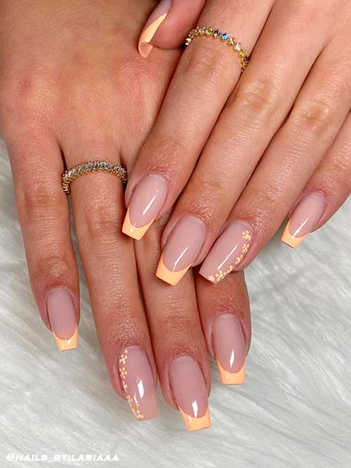 Coffin Peach French Manicure with Tiny Flowers on Ring Fingernail