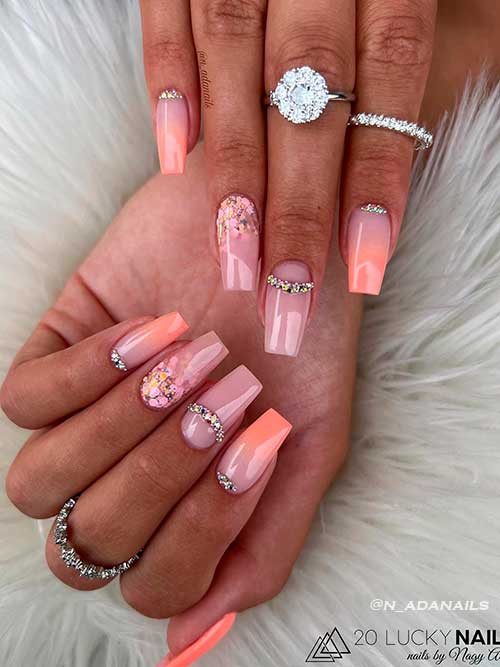 Long Coffin Shaped Delicate Ombre Peach Nails 2022 with Rhinestones and Glitter