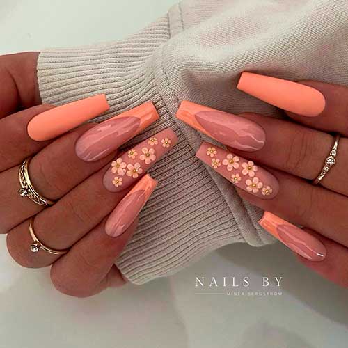 Elegant Long Coffin Peach French Tip Nails 2022 with Floral and Matte Accents