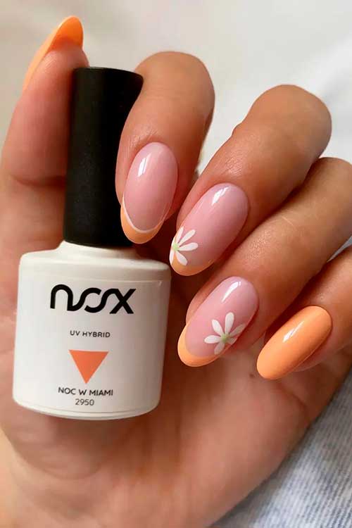 French Peach Nails with Two White Flowers