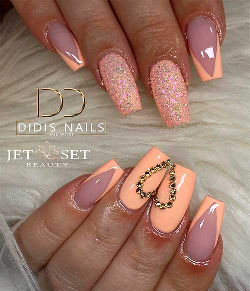 French Peach Nails with Glitter and Heart Rhinestones Shape