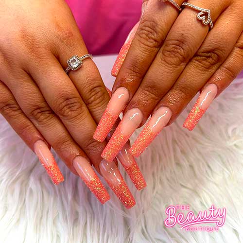 Glittering pink to peach flare nail design Long Square Glittering pink to peach flare nail design for Summer 2022