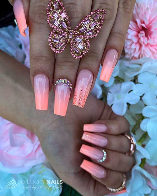 Gradient Purple to Peach Coffin Nails Gradient Purple to Peach Coffin Nails 2022 with Rhinestones and Glitter on Accents