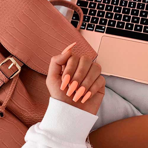 Long Coffin Peach Nails Design Long Coffin Peach Nails Design