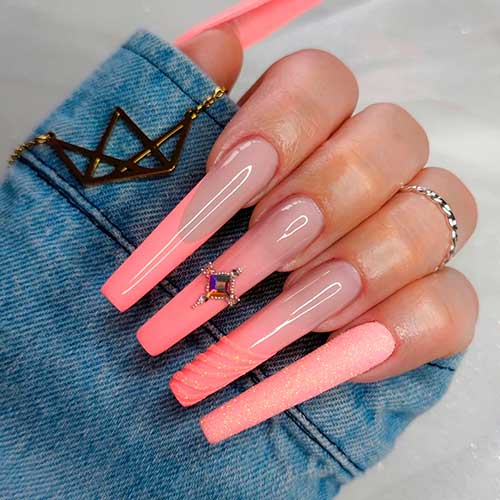 Long Peachy Nails Long French Peachy Nails with Glitter and a Rhinestone That Suits Any Seasons