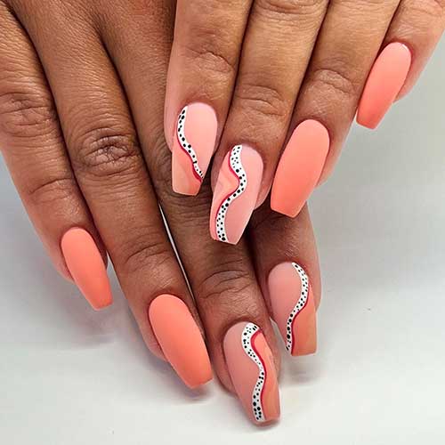 Long Coffin Matte Peach Nails Design with Groovy Waves Adorned with Black Dots on A White Wave