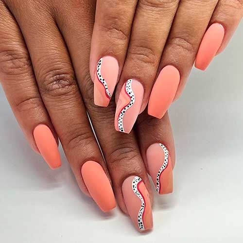 Matte Peach Nails Design with Waves Long Coffin Matte Peach Nails Design with Groovy Waves Adorned with Black Dots on A White Wave