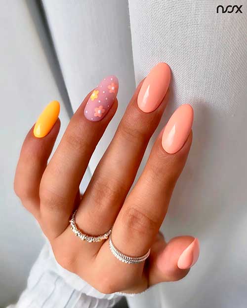 Oval Summer Peach Nails 2022 with Yellow and Flower Accents