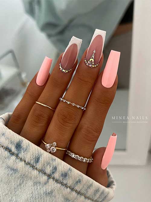Long Peach Coffin Nails with White French Tips Accent Nails with Rhinestones