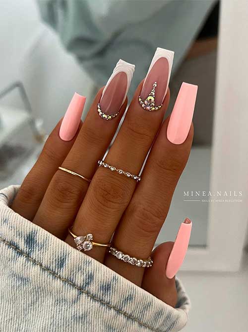 Long Peach Coffin Nails with White French Tips Accent Nails with Rhinestones Long Peach Coffin Nails with White French Tips Accent Nails with Rhinestones