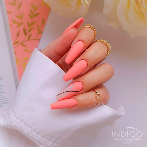 Peach Nails with Plain Polish Coffin shaped Peach Nails 2021 with Plain Polish for summer 2021!