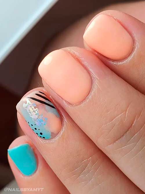 Short Peach and Blue Nails with Abstract Nail Art on Accent - Cute Peach Nails