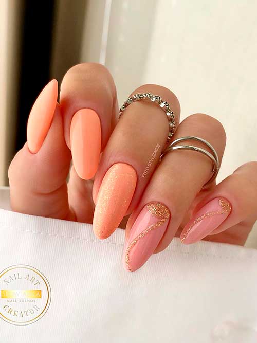 Pink and peach nail design with gold glitter