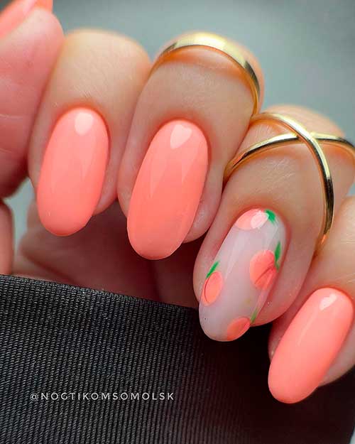Round Peach Nails with Fruit Nail Art on Accent Round Peach Nails with Fruit Nail Art on Accent