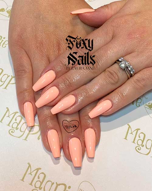 Shinny Peach Color Nails Coffin Shaped Which You Can Do It At Home