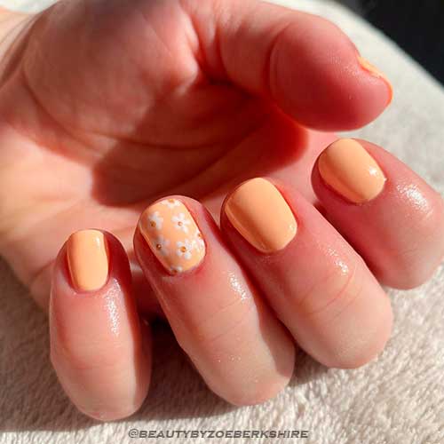 Short Peach Color Nails with Floral Accent Nail for Summer 2022
