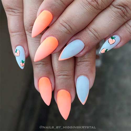 Stiletto Shaped Matte Peach Nails with Peach Fruit Nail Art and French Manicure on Two Accents for Summertime