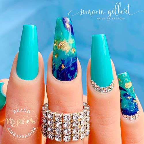 Under the Sea Summer Nails Under the Sea turquoise coffin shaped Summer Nails 2021 with silver rhinestones on two accent naisl