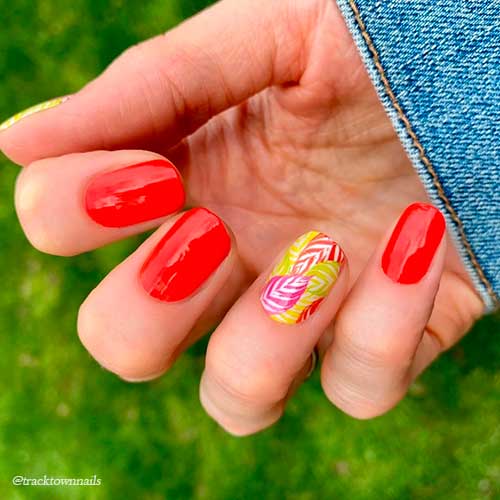 Cute Color street combos of short neon orange nails high voltage strips with As It Ferns Out nail strips