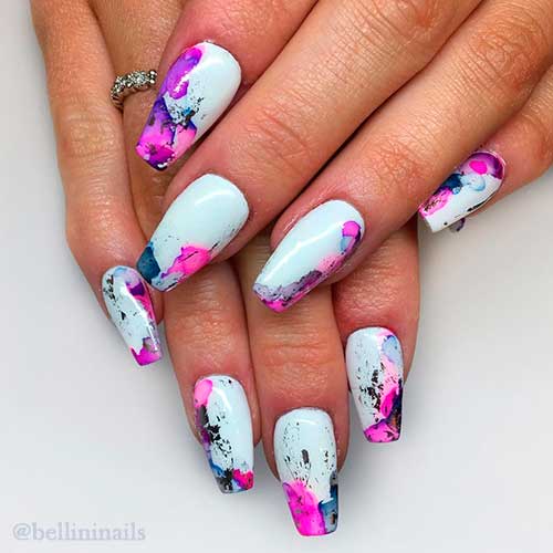 A colorful splash of Inkies Over White Acrylic Nails A colorful splash of Inkies Over White Acrylic Nails