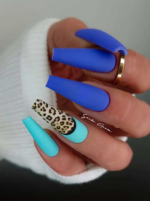 Long Matte Aqua Blue with Royal Blue Coffin Nails and Leopard Prints on An Accent Nails