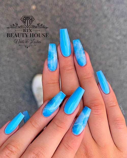 Aqua Blue Nails 2021 with The Blue Waters Nail Art Design, blue and white nails, summer nails