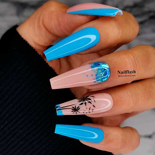 Light Blue Nails Coffin Shaped with Tropical Island and blue glitter for summer 2021