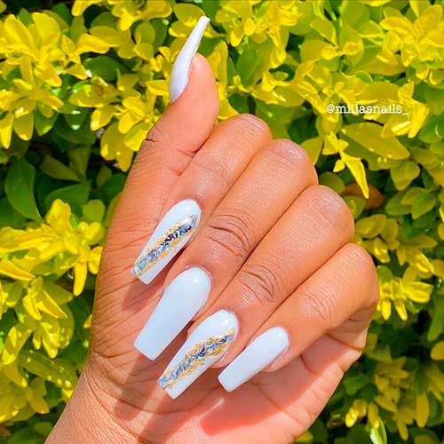 Cute Long White Acrylic Nails with Decorative Gold Nail Art
