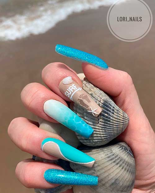 Dreamy Oceanic Blue Nails Long Coffin Shaped with Glitter and Mermaid Nails 2021