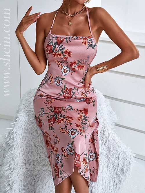 Floral Print Backless Halter Dress Floral Print Backless Halter Dress, Shein dresses, midi dress, cami dress