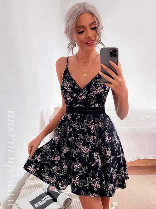 Floral Print Contrast Guipure Lace Panel Cami Dress Floral Print Contrast Guipure Lace Panel Cami Dress, shein dresses