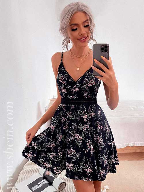 Floral Print Contrast Guipure Lace Panel Cami Dress, shein dresses