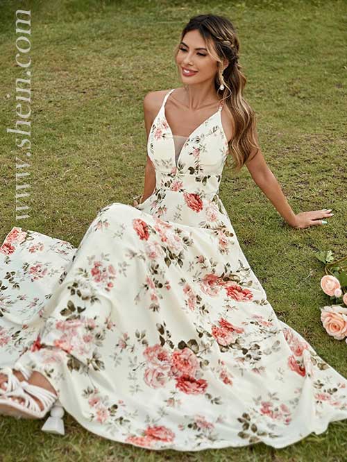 Floral Print Crisscross Back Chiffon Dress, Shein Dresses, Cami dress, Maxi dress