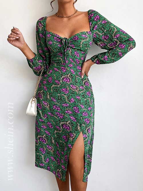 Floral Print Drawstring Front Sweetheart Neck Slit Hem Dress, Shein dresses, a line dress