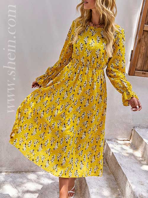 Floral Print Flounce Sleeve Dress, Shein Dresses, A Line Dress