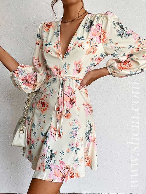 Floral Print Plunging Neck Bishop Sleeve Belted Dress, Shein Dresses, A Line Dress