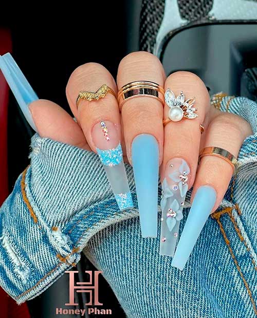 Frozen Long Blue Nails 2021 with Glittered Diamonds, blue sky nails, summer nails