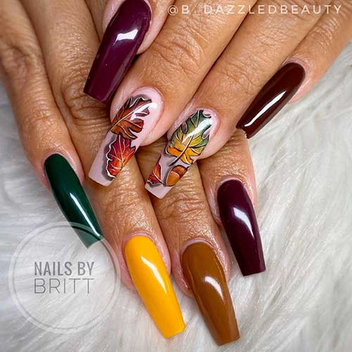 Glam Colorful Fall Nails 2021 with Accents Fall Leaves