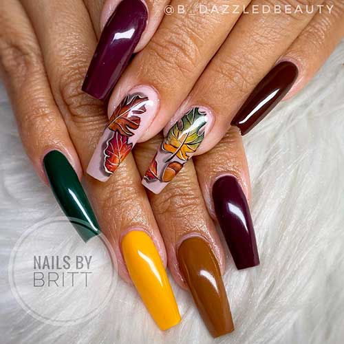 Glam Colorful Fall Nails with Accents Fall Leaves Glam Colorful Fall Nails 2021 with Accents Fall Leaves