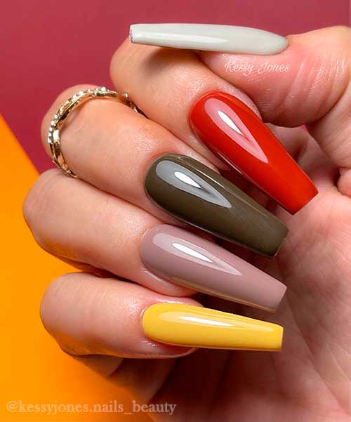 Glossy Multicolored Fall Nails Coffin Shaped