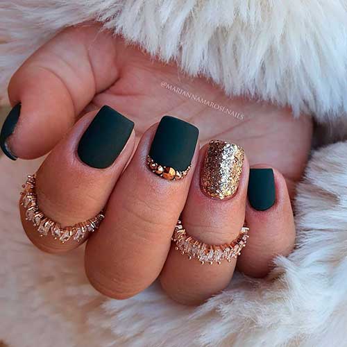 Gold and Green Matte Fall Nails with Gold Glitter and Rhinestones on Accents