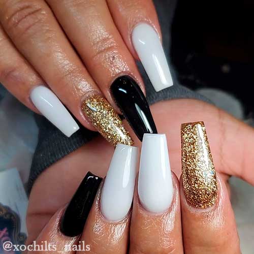 Golden White Acrylic nails with accent black nail 