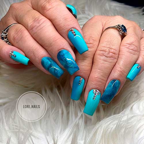 Coffin Aqua Blue Nails 2021 with Rhinestones, Summer Nails, Blue Nails