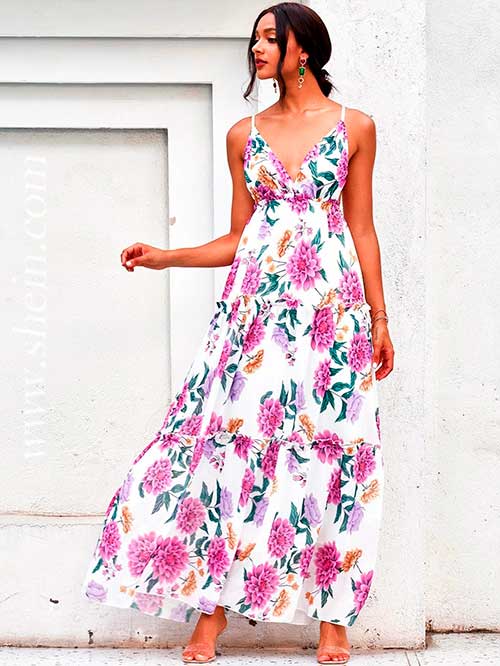 LOVE&LEMONADE Floral Print Ruffle Hem Backless Chiffon Cami Dress, shein dresses