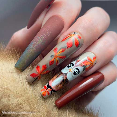 Leaf and Owl Gel Polished Long Coffin Fall Nails 2021