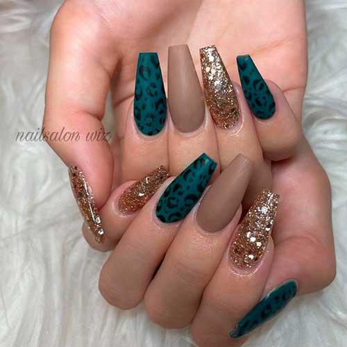 Leopard Autumn Nails Coffin Shaped with Gold Glitter are Perfect Fall Nails 2021 to try